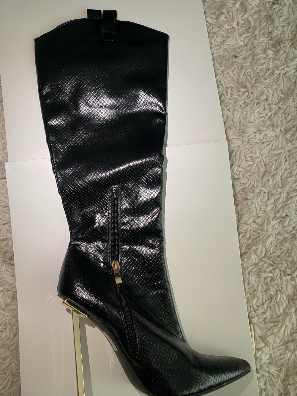 Black Textured Knee-High Stiletto Boot - Women's
